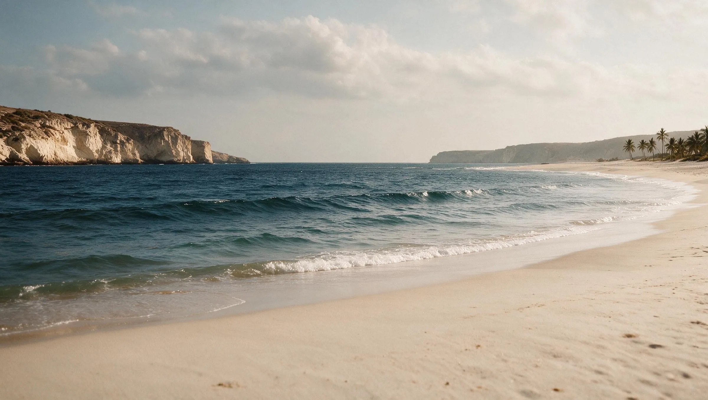 An empty beach curving between two headlands under an open sky