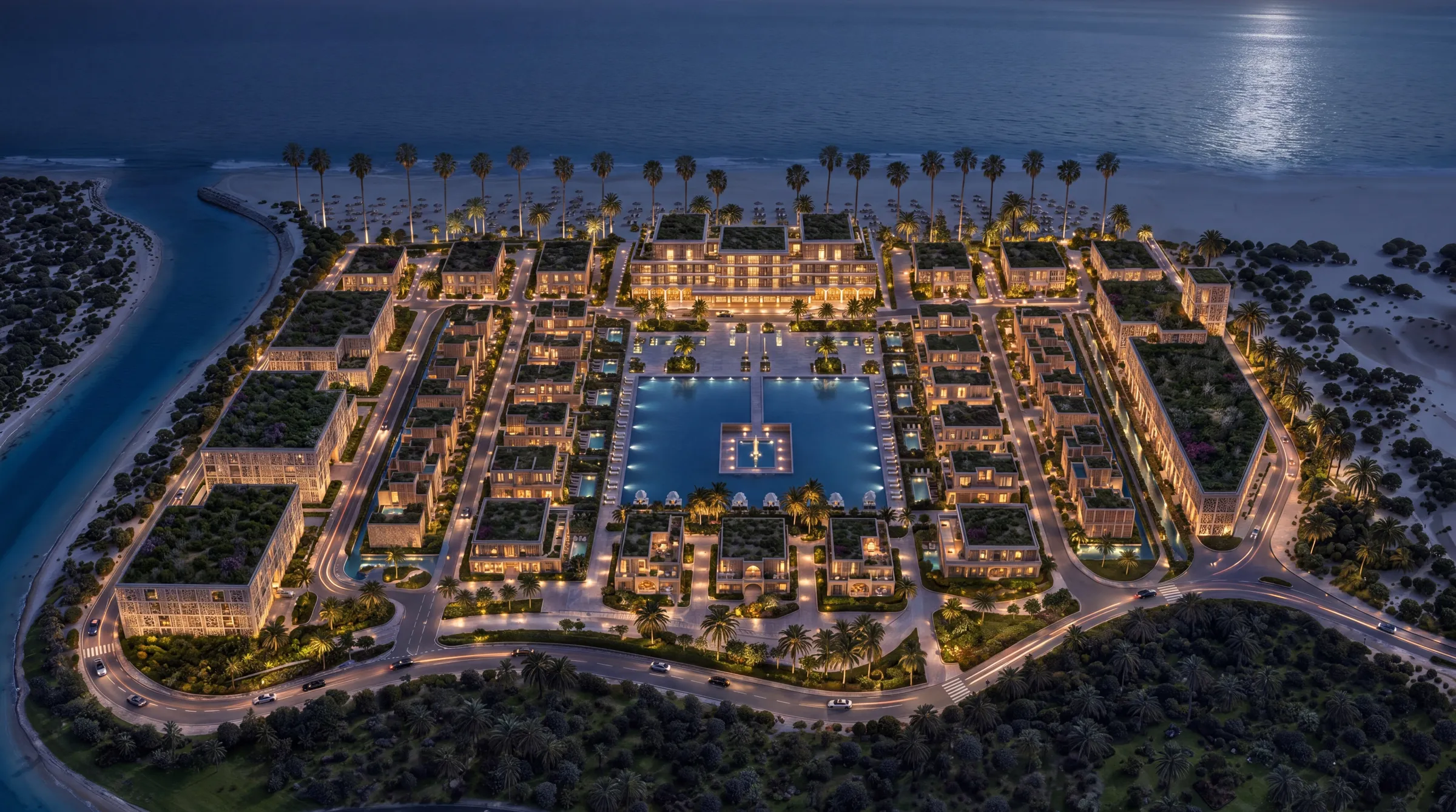 The community at evening from the air, the lagoon lit along its length