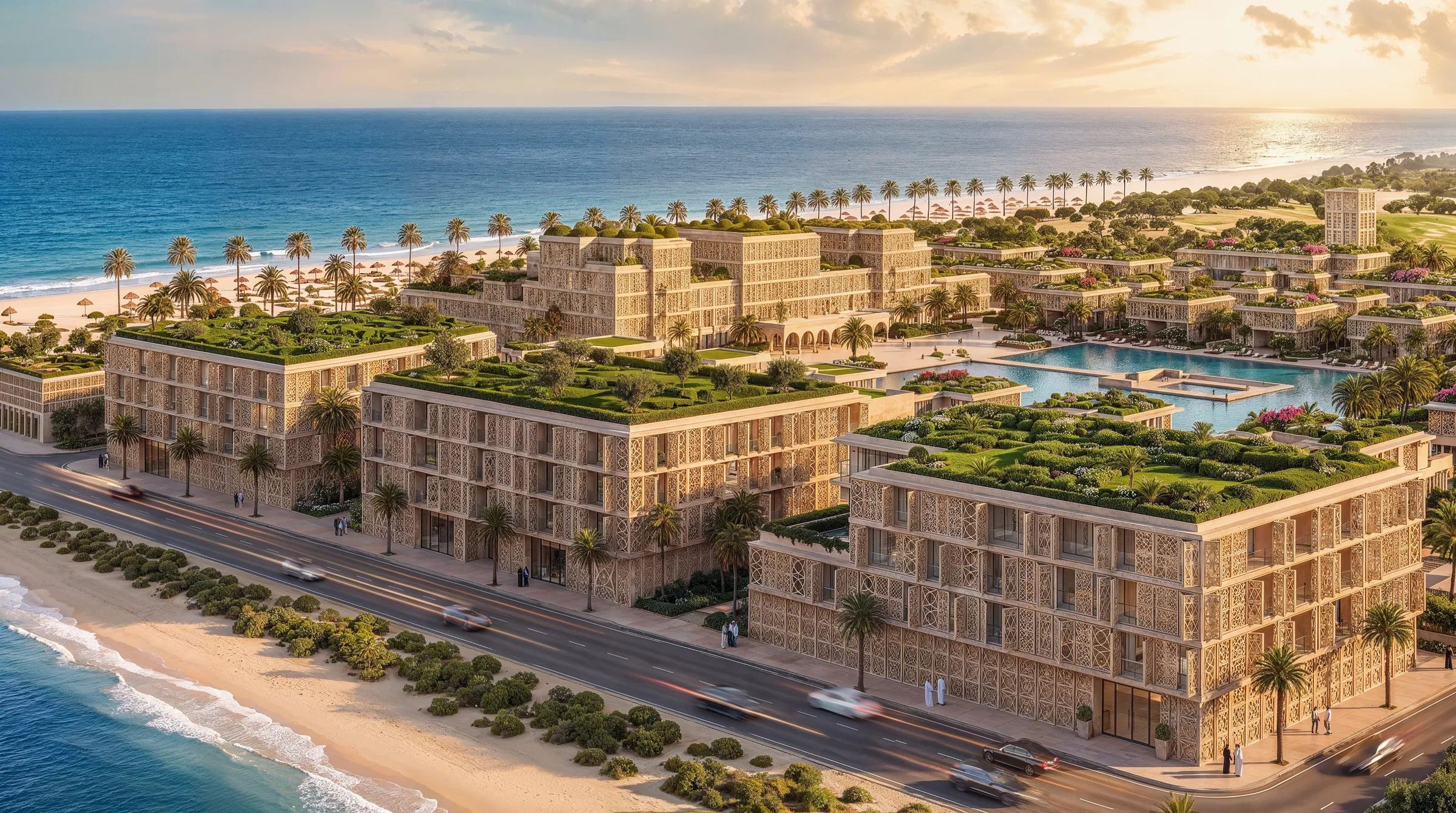 The full beach frontage in daylight, palms along the sand and the pool terraces set back behind the buildings