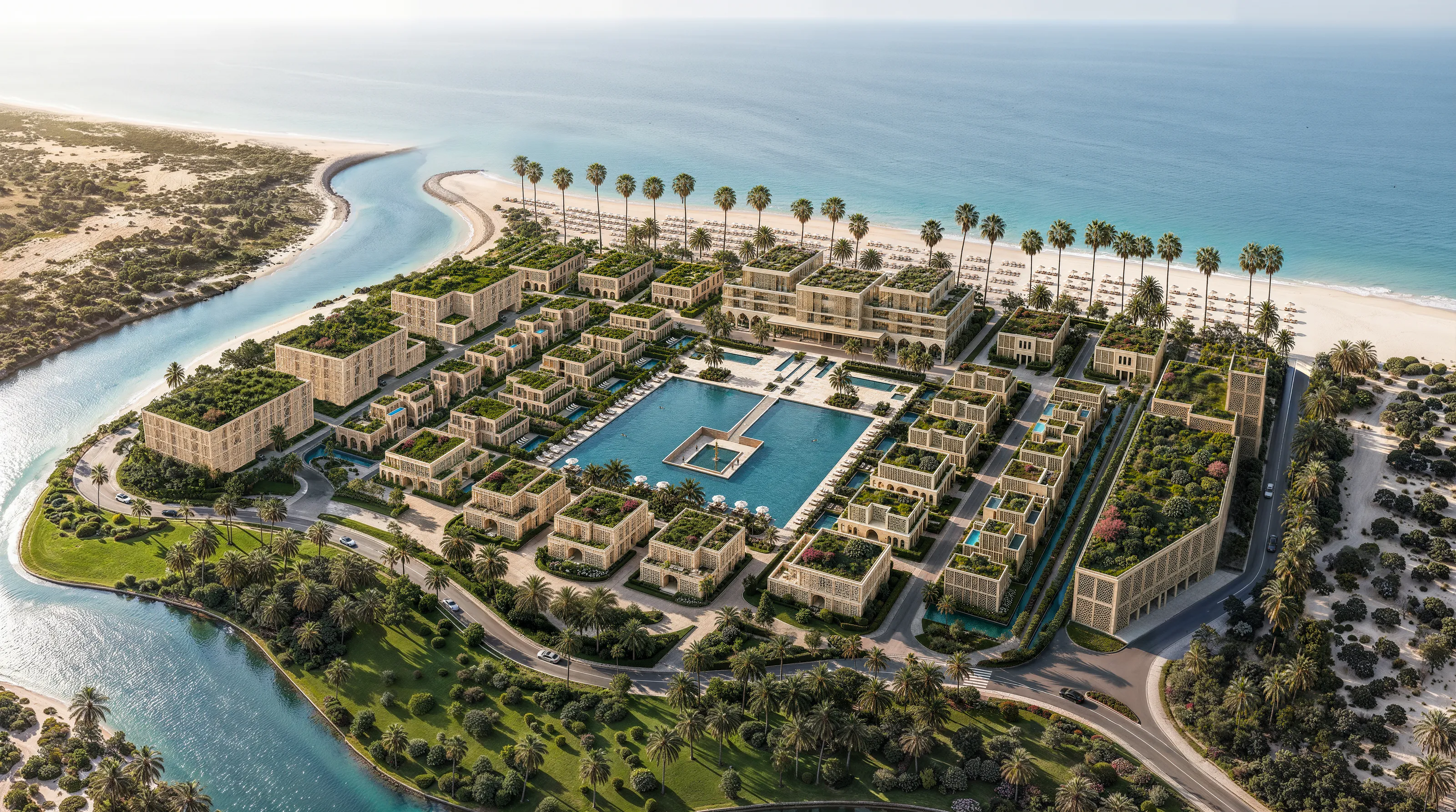 Aerial view of the community on its beachfront plot, the Arabian Sea along one edge and a tidal lagoon along the other