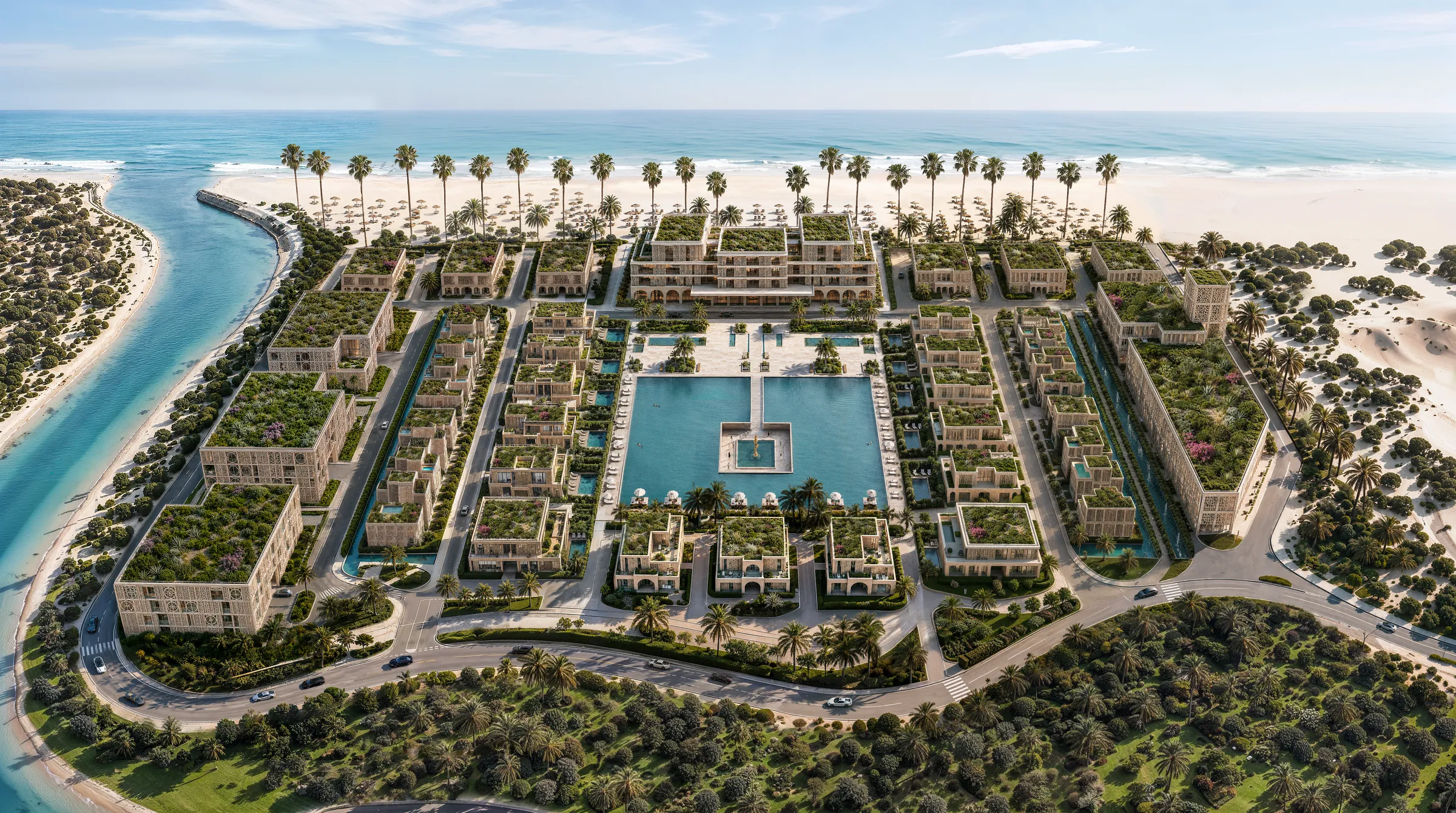 The full 9.3-hectare master plan from the air, showing the residence blocks arranged around the central water axis