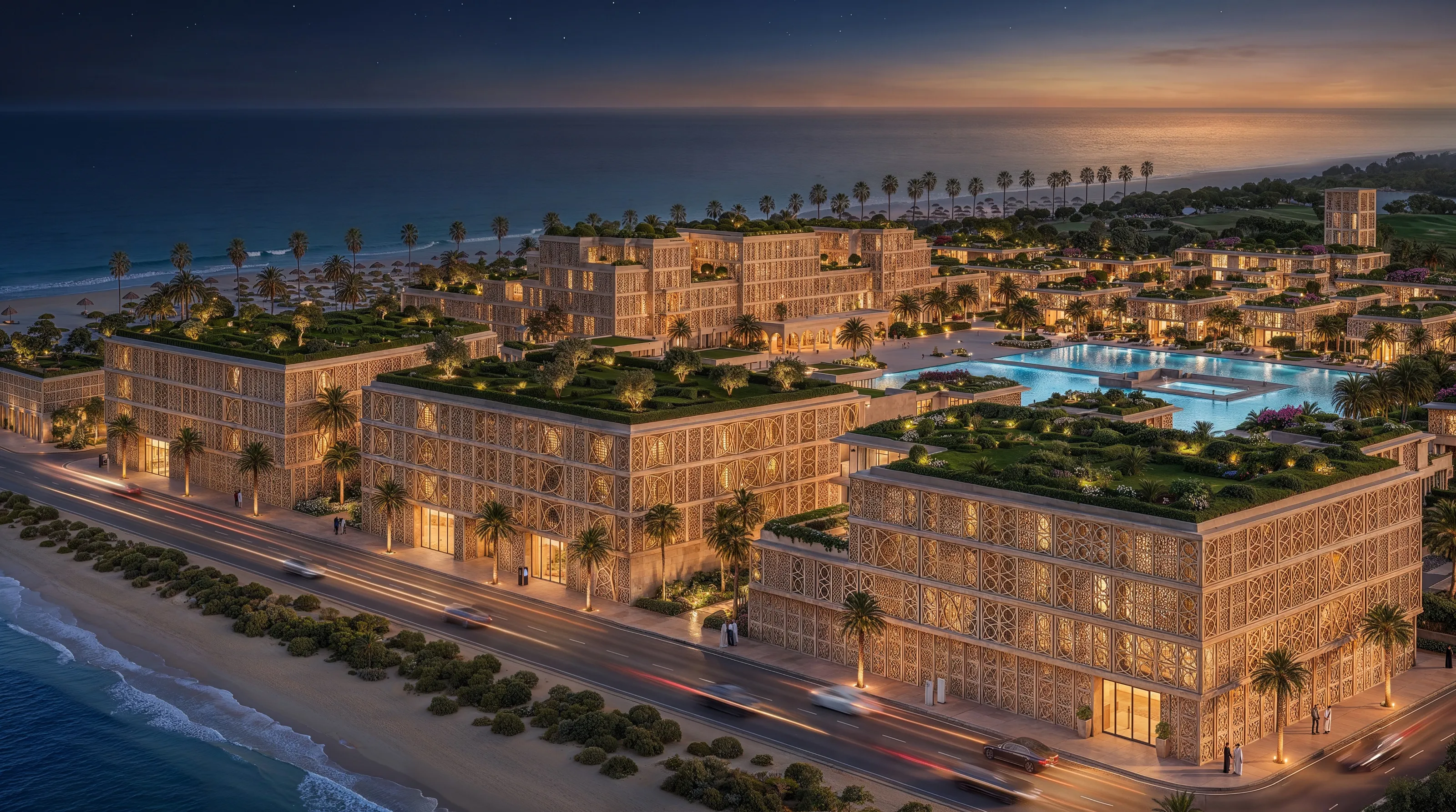 The community from the shoreline at dusk, lit windows behind the coast road and the pool decks above