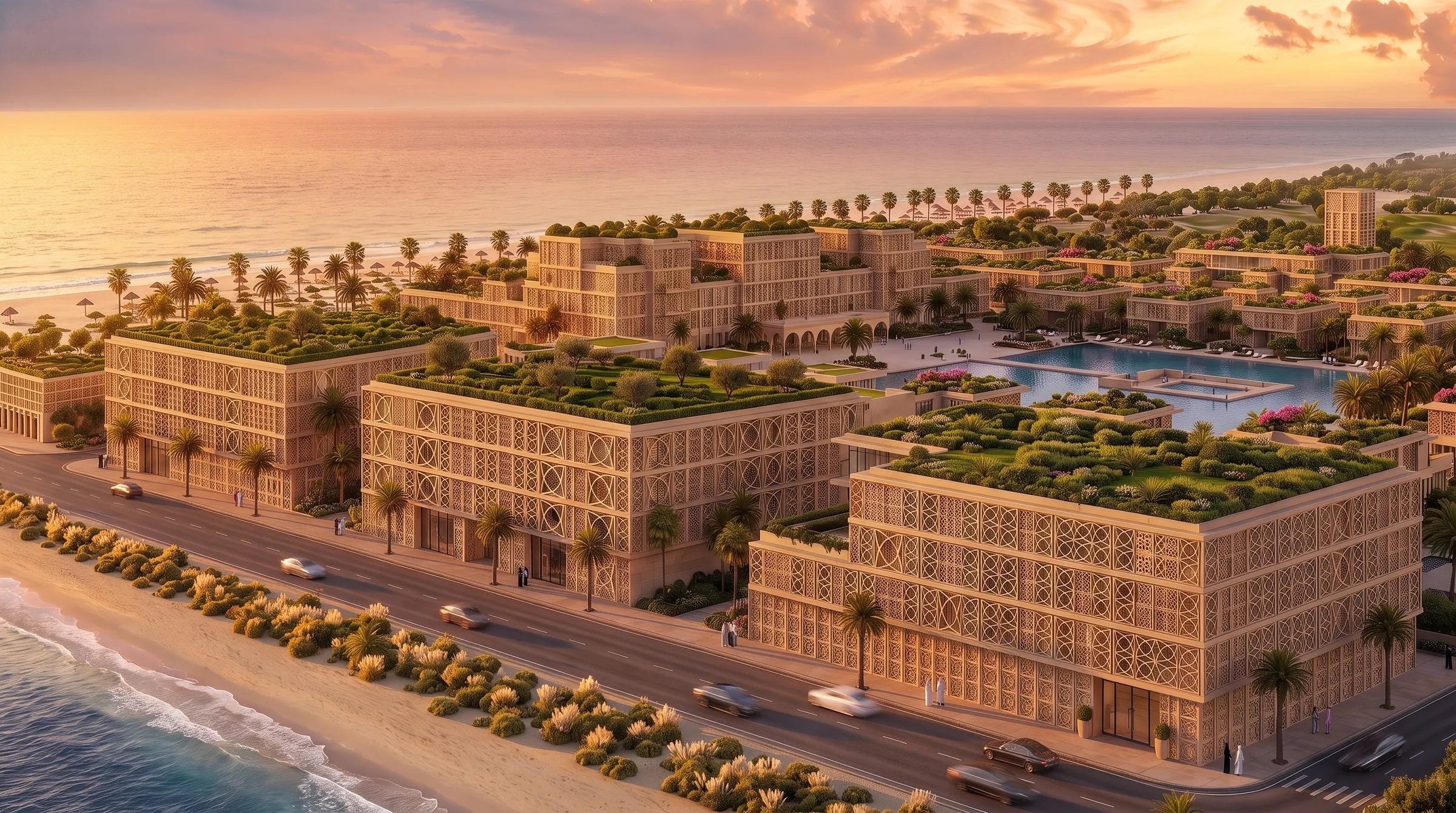 The beachfront elevation at sunset, low sun behind the buildings and the sea in the foreground