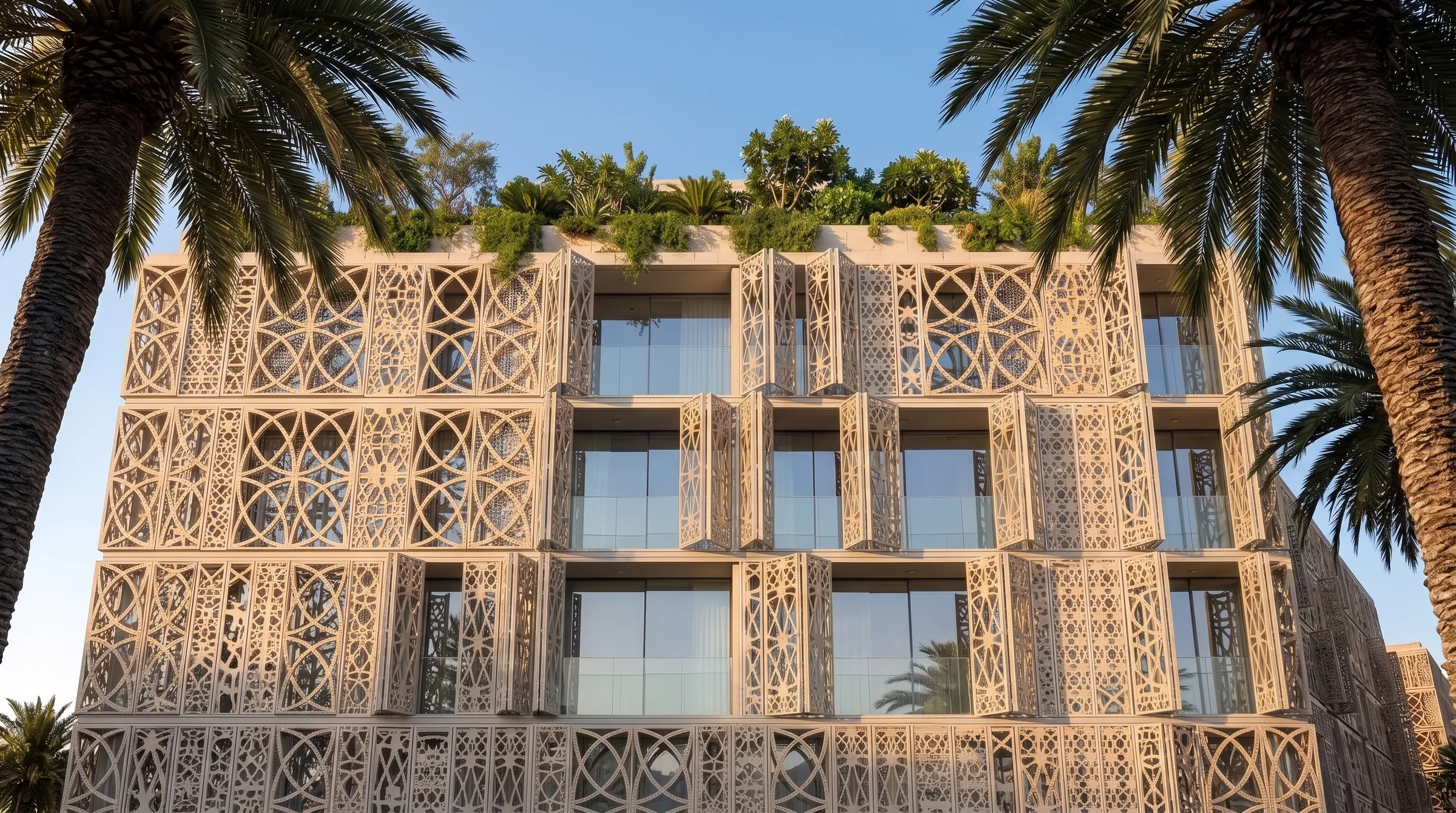 The perforated screen facade seen from below through palm trunks, roof gardens along the parapet