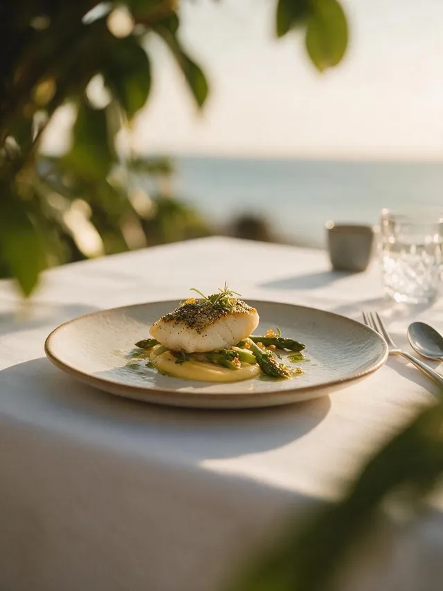 A plated fish course on a linen-covered table with the sea out of focus behind