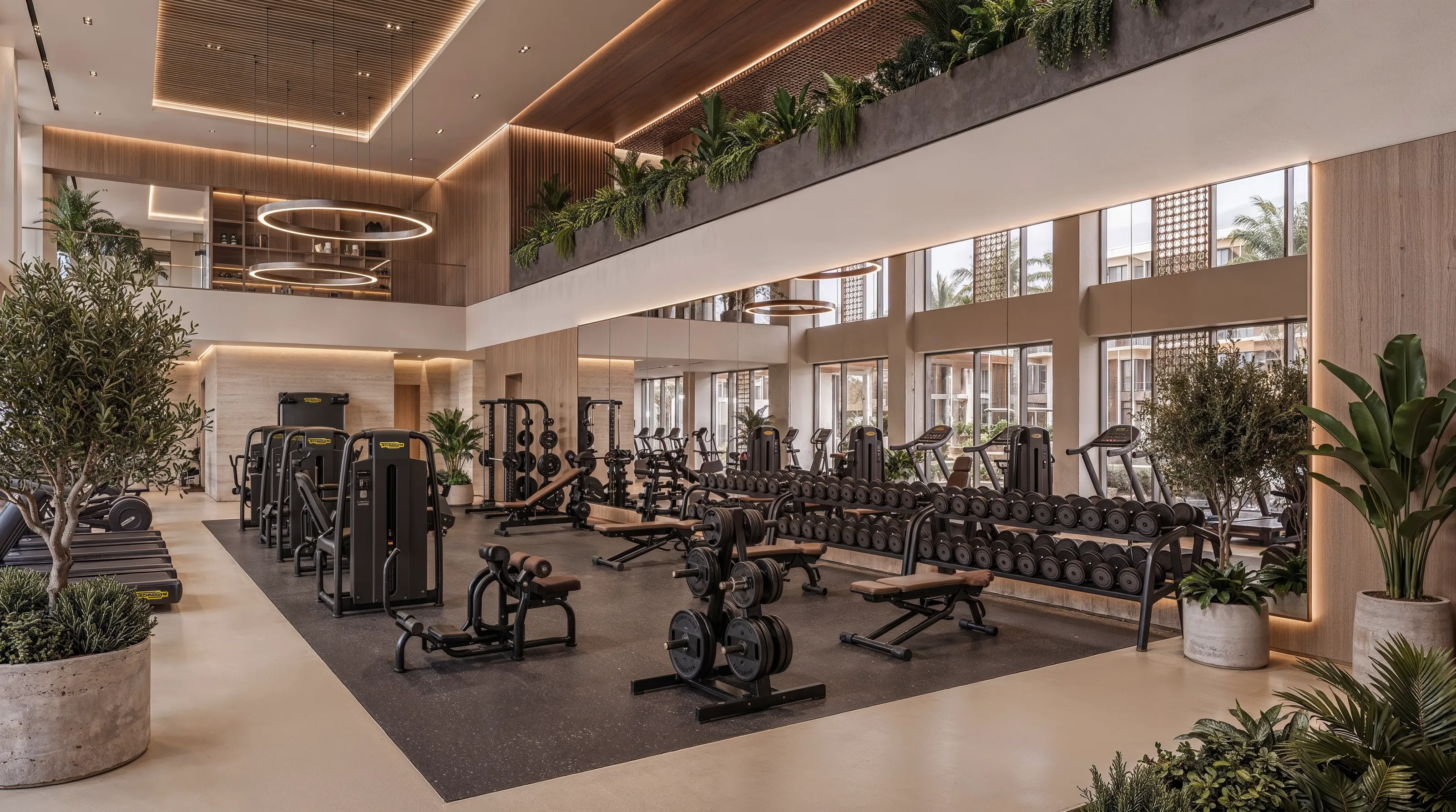 Gym floor with free weights and resistance machines along a double-height glazed wall, planting on the mezzanine above