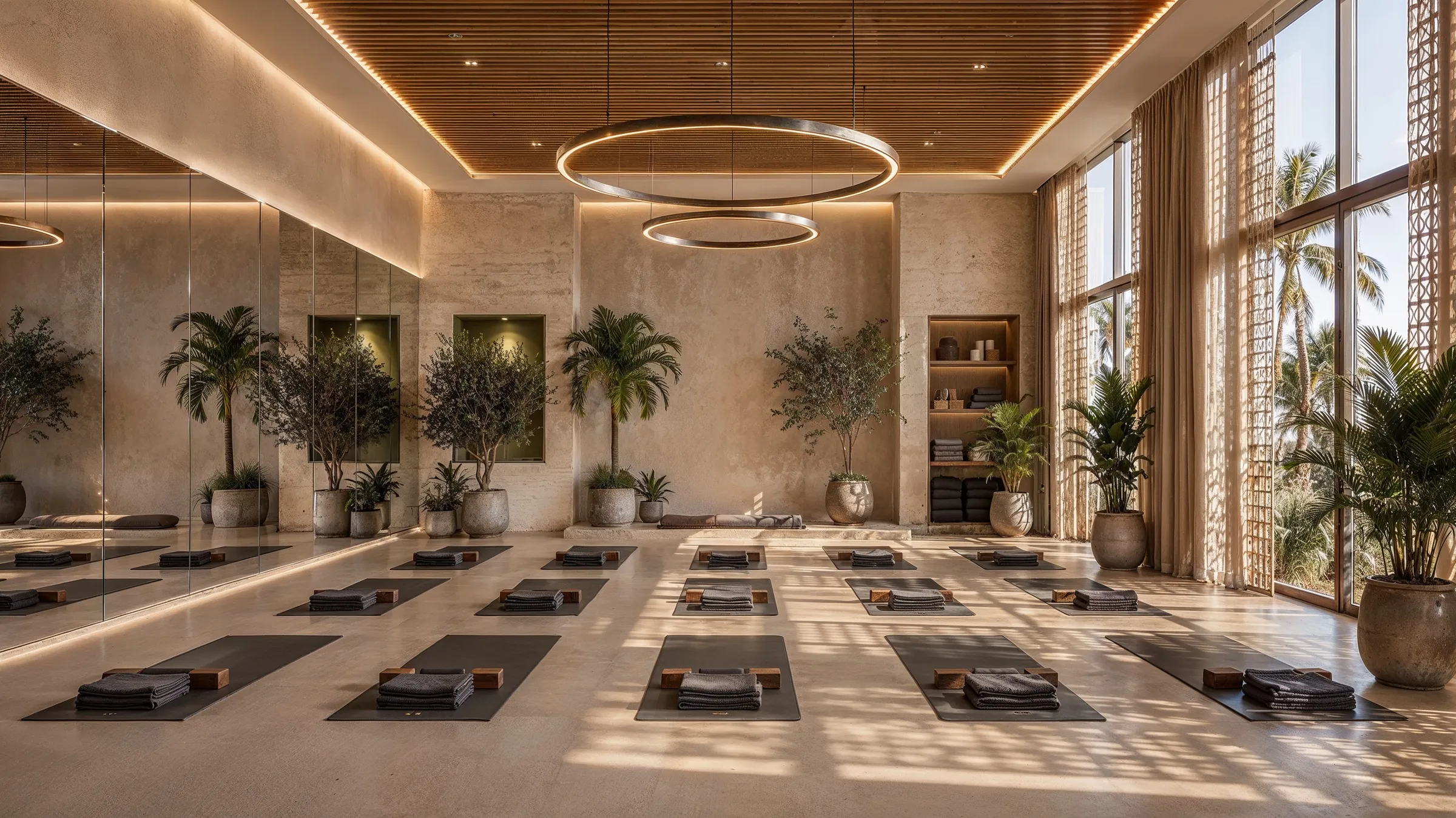 Studio laid out with mats under ring pendants, olive trees and palms along the window wall