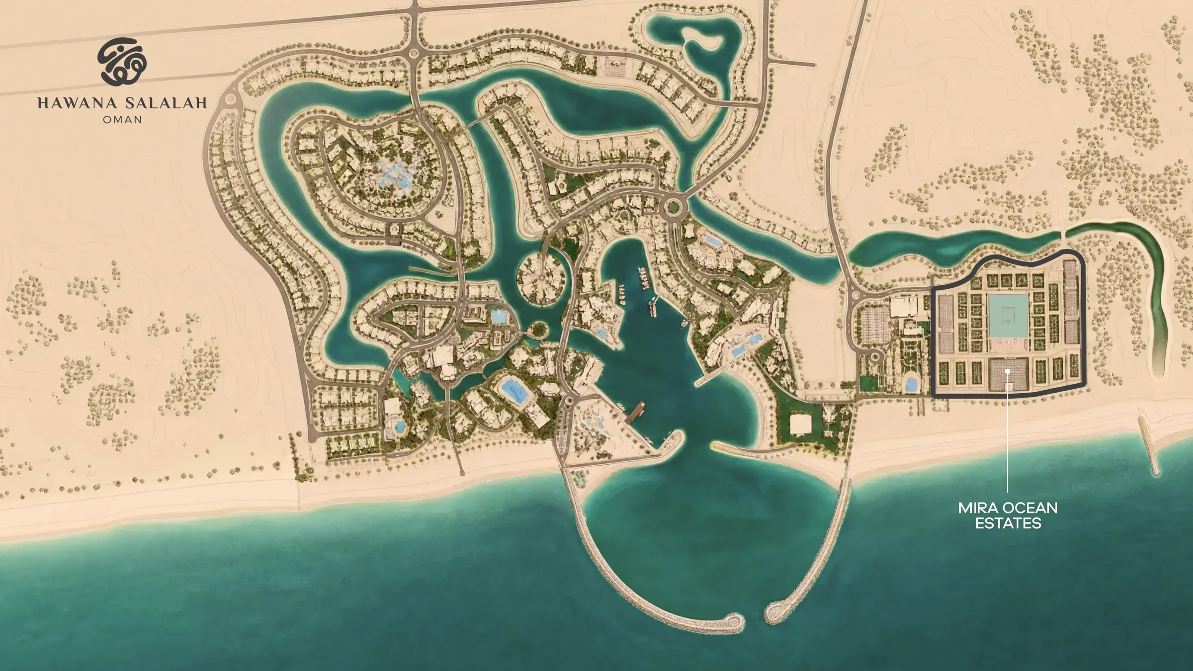 Plan of the Hawana Salalah destination with the community marked in its beachfront position on the eastern section
