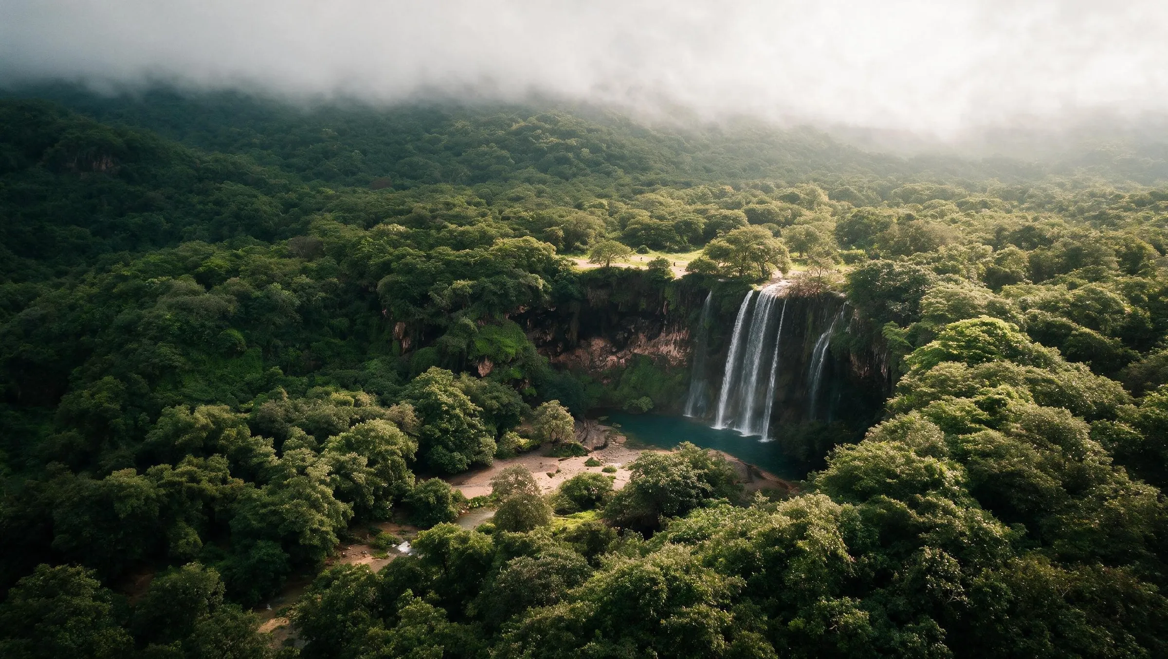A waterfall running through dense green vegetation under monsoon cloud during the khareef season
