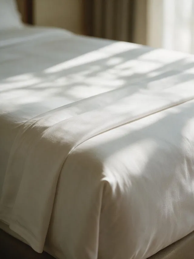 Corner of a made bed in pressed white linen, morning light across the cover