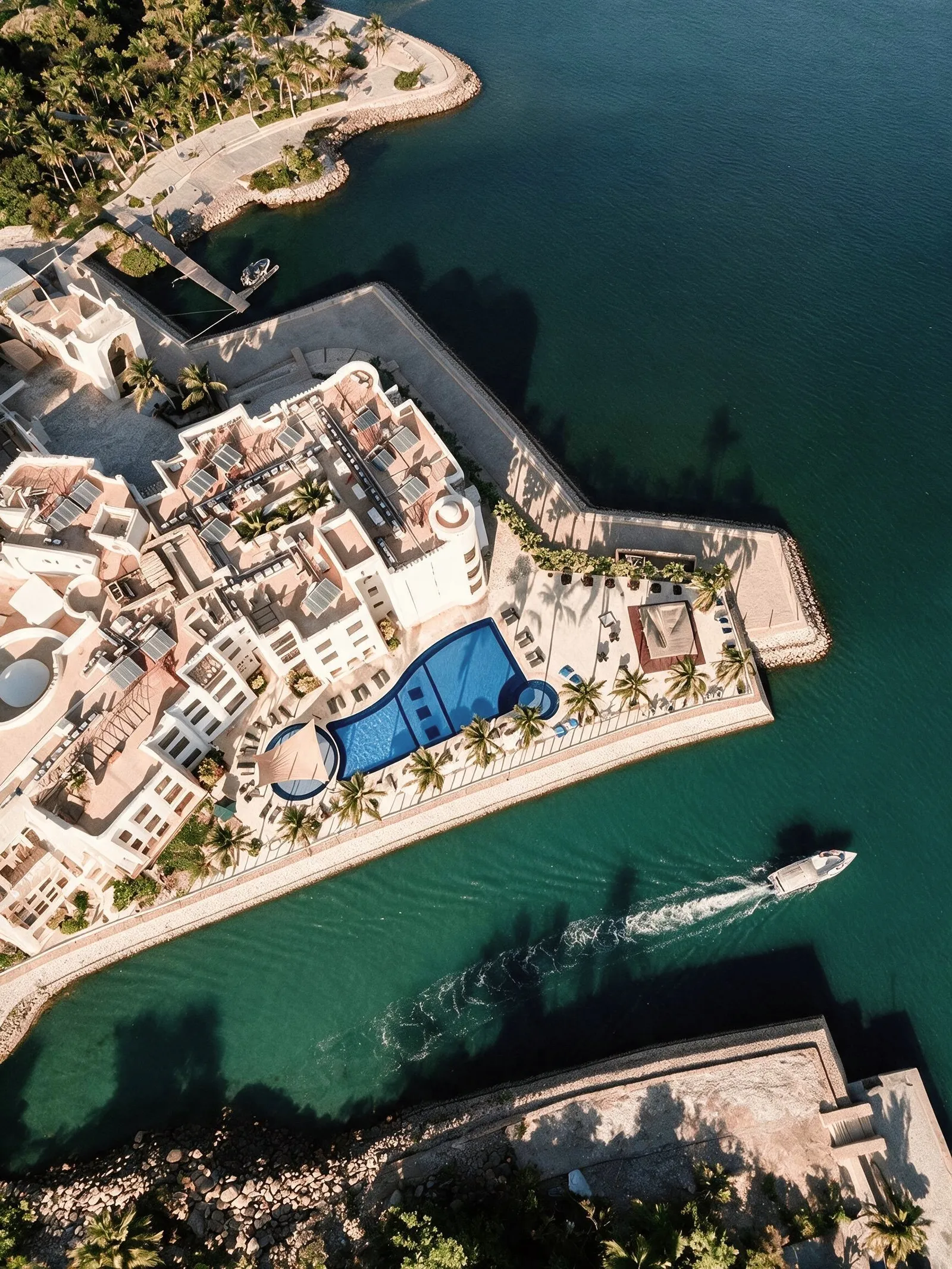 The Hawana Salalah marina from above, hotels and berths arranged around the enclosed water
