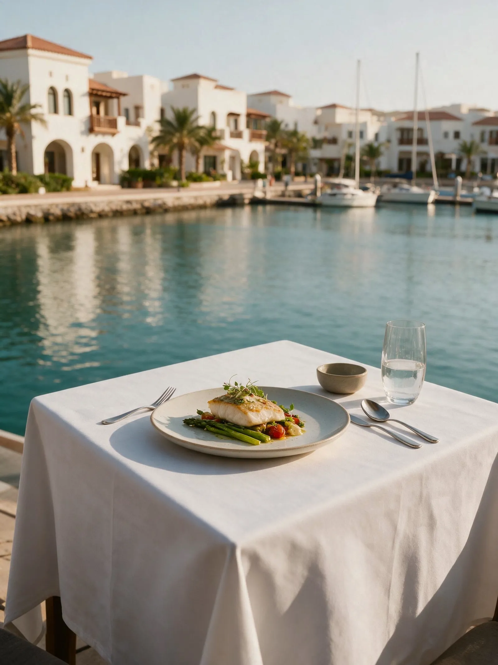 A laid table on a terrace at the water's edge with moored boats beyond