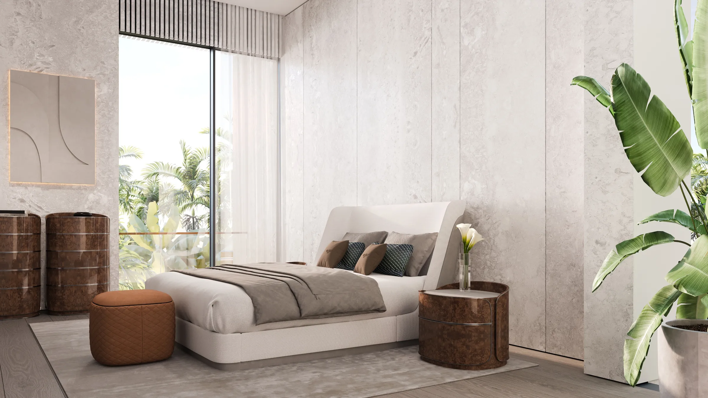 Bedroom with a curved headboard, leather side tables and a large plant beside the window