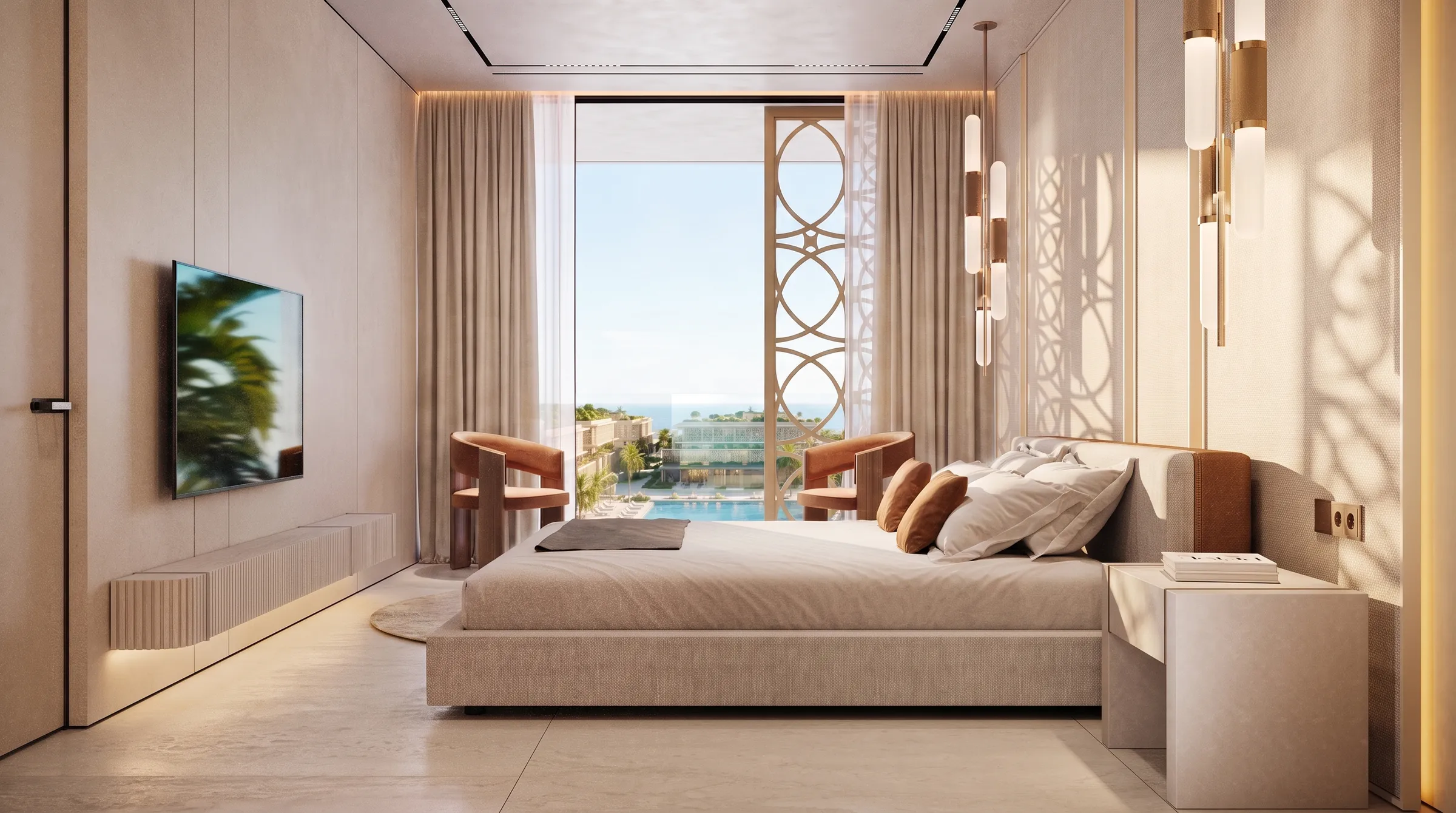 Bedroom looking out past a wall-mounted screen to palms and the pool deck below