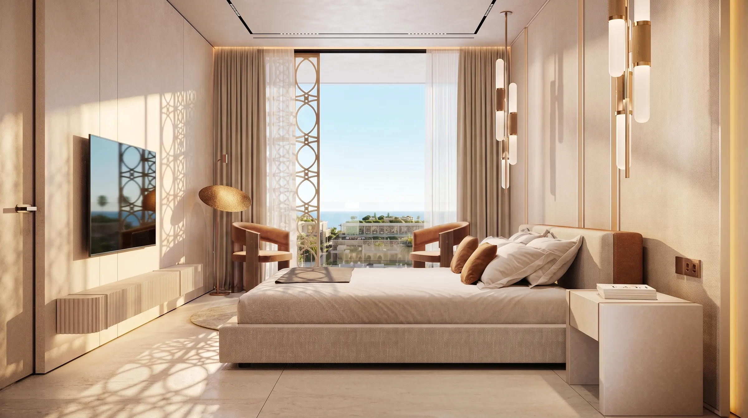 Bedroom with an upholstered bed facing a glazed wall and a sliding perforated screen filtering the light