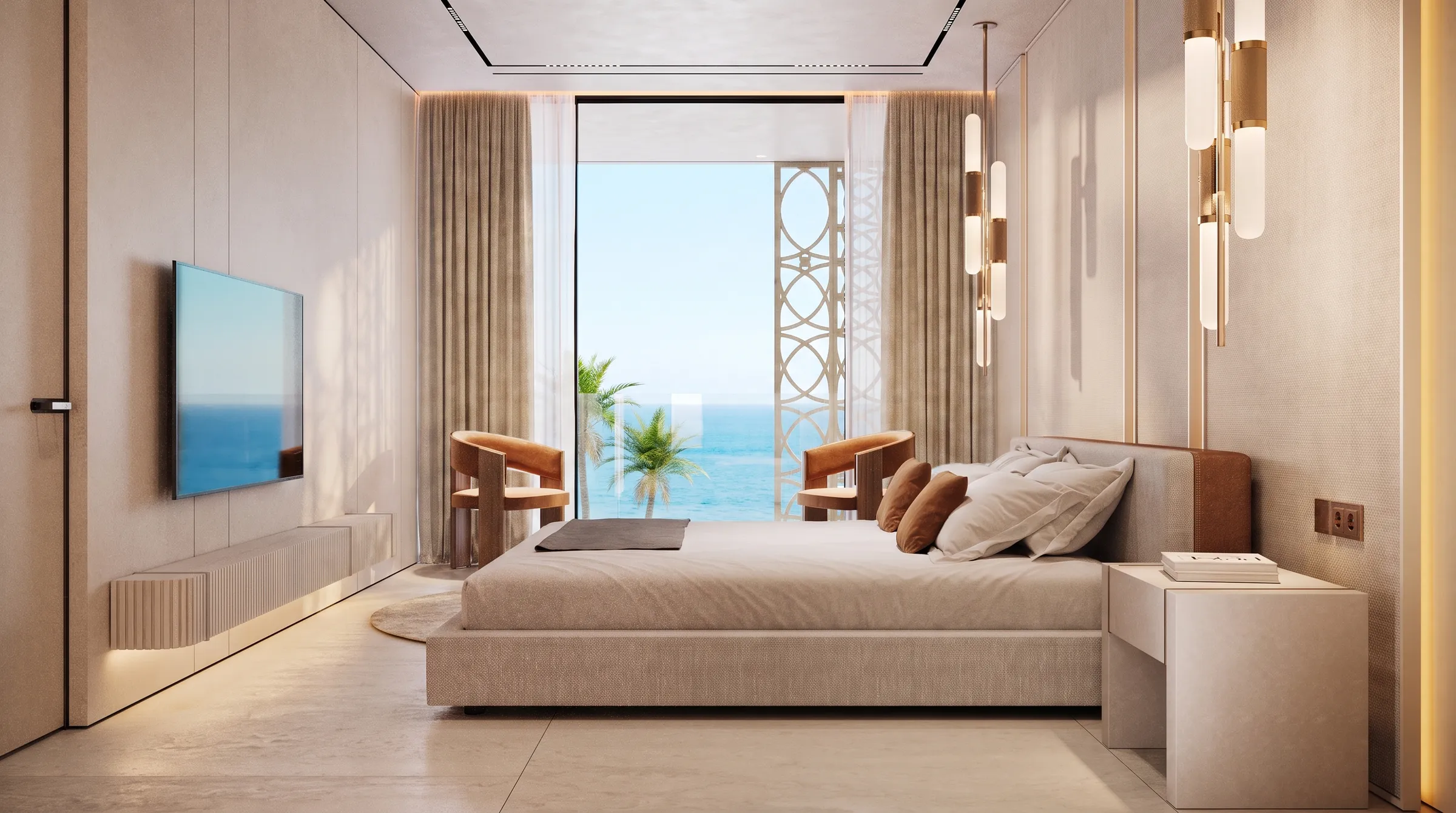 Bedroom seen from the entrance, bed against a stone-clad wall with the sea framed in the window opposite