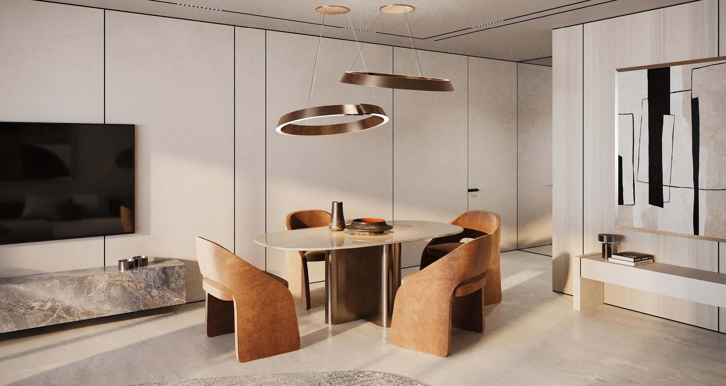 Dining room with a stone table, leather chairs and a ringed pendant above