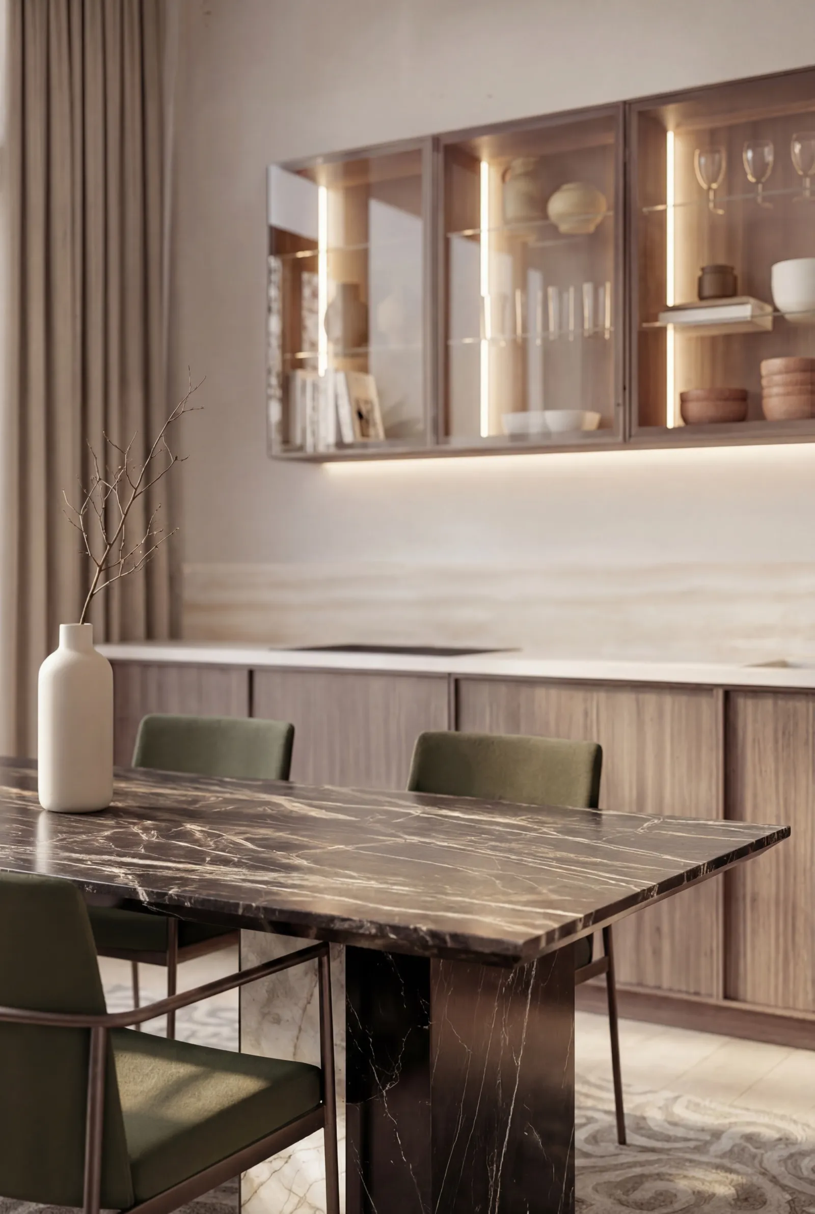 Kitchen and dining area with a marbled table, glazed wall cabinets and green upholstered chairs