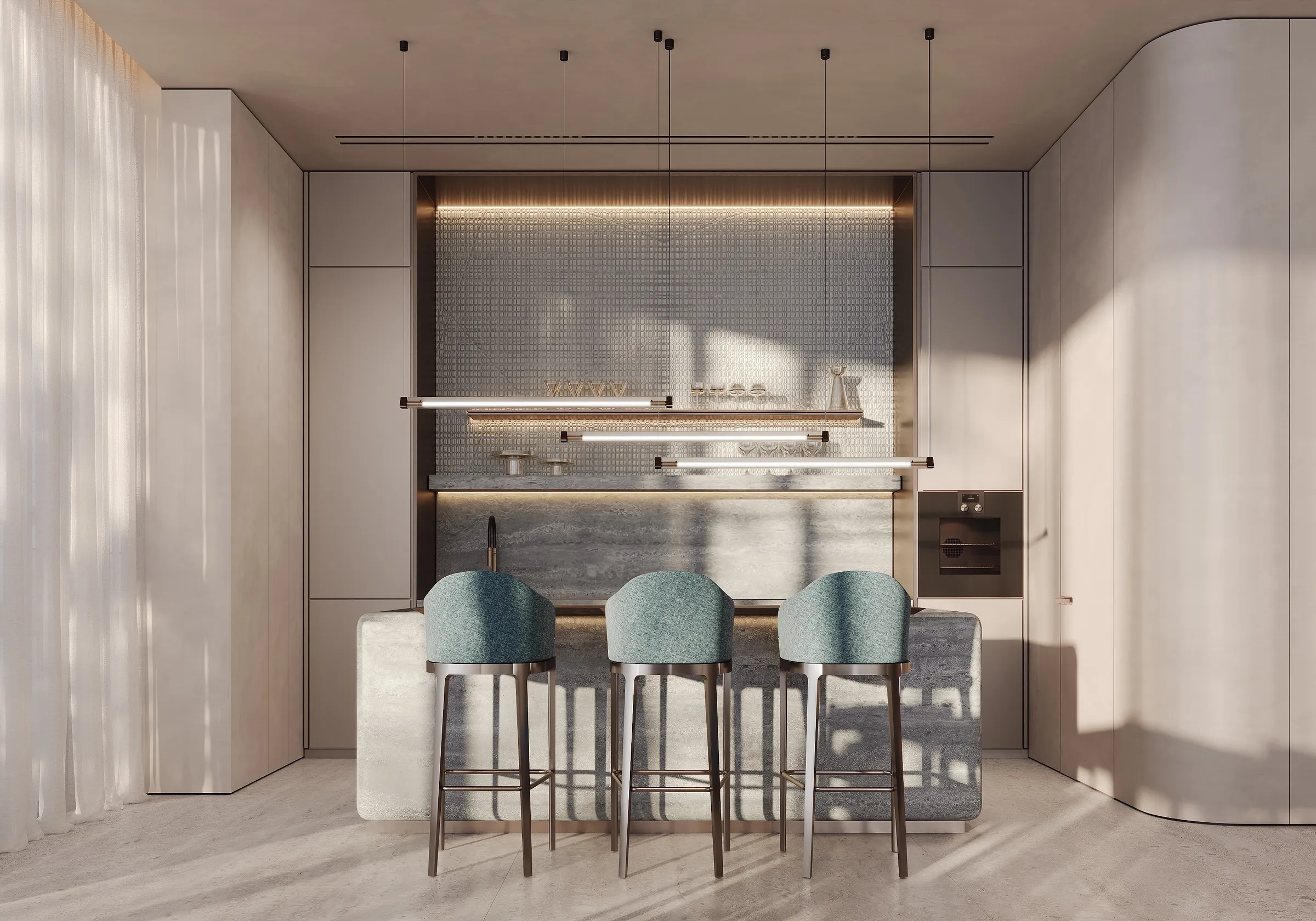 Kitchen with an island and upholstered stools under a lit shelf, sheer curtains along the wall behind