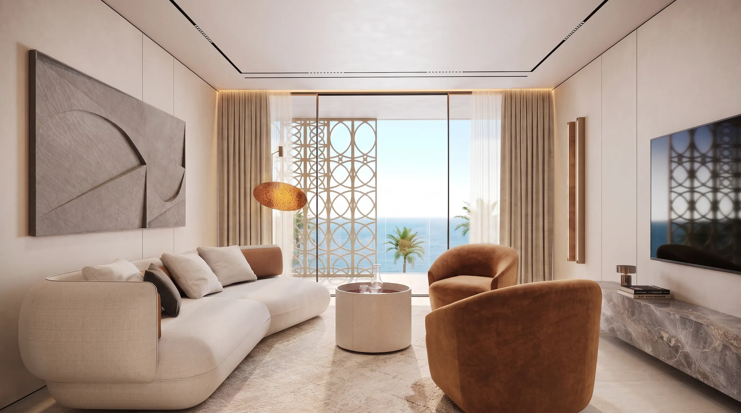 Living space with a pale curved sofa, tan armchair and stone-topped console under a linear ceiling light