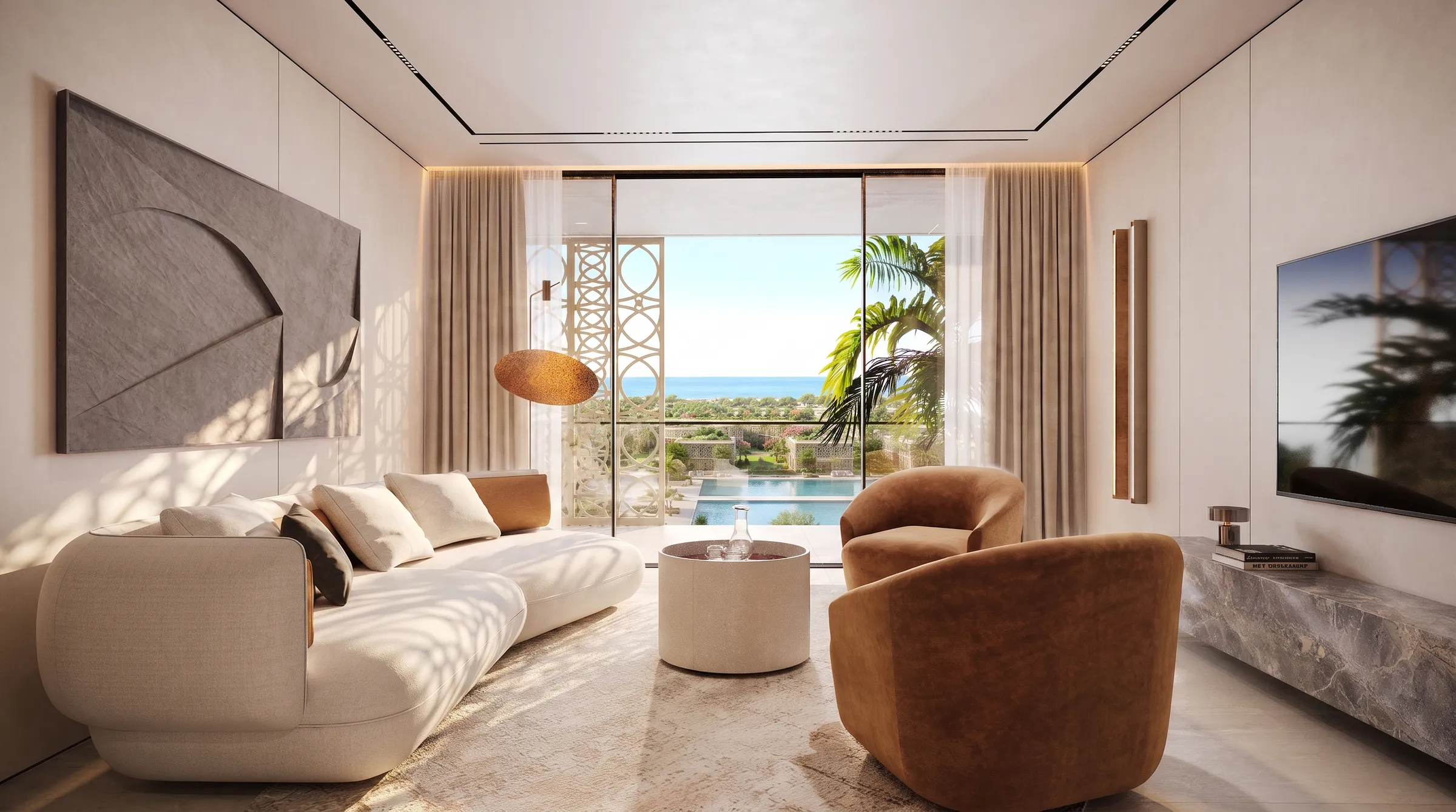 Living room with a sculpted sofa and tan armchairs, glazed doors opening to a planted terrace