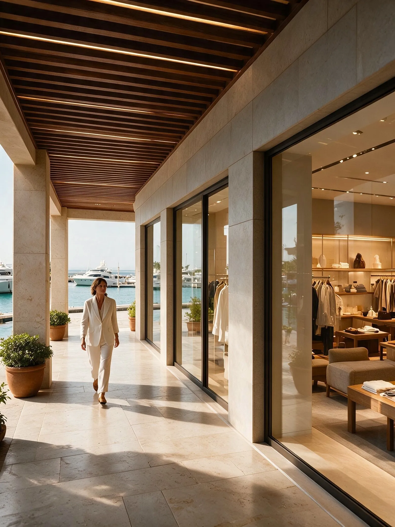 A shaded colonnade of shopfronts opening to the marina