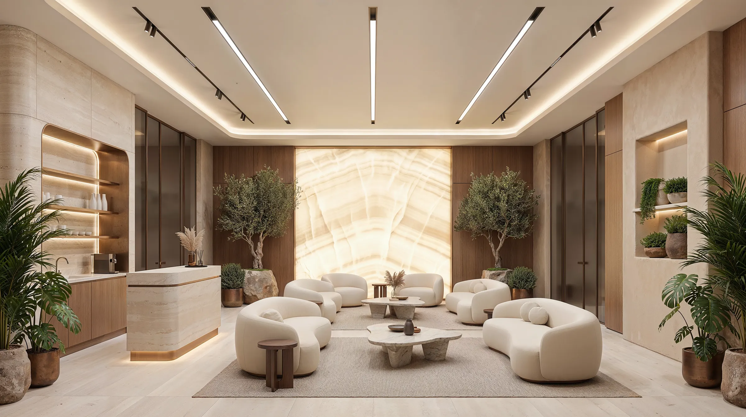 Spa lounge with curved seating in front of a backlit onyx wall