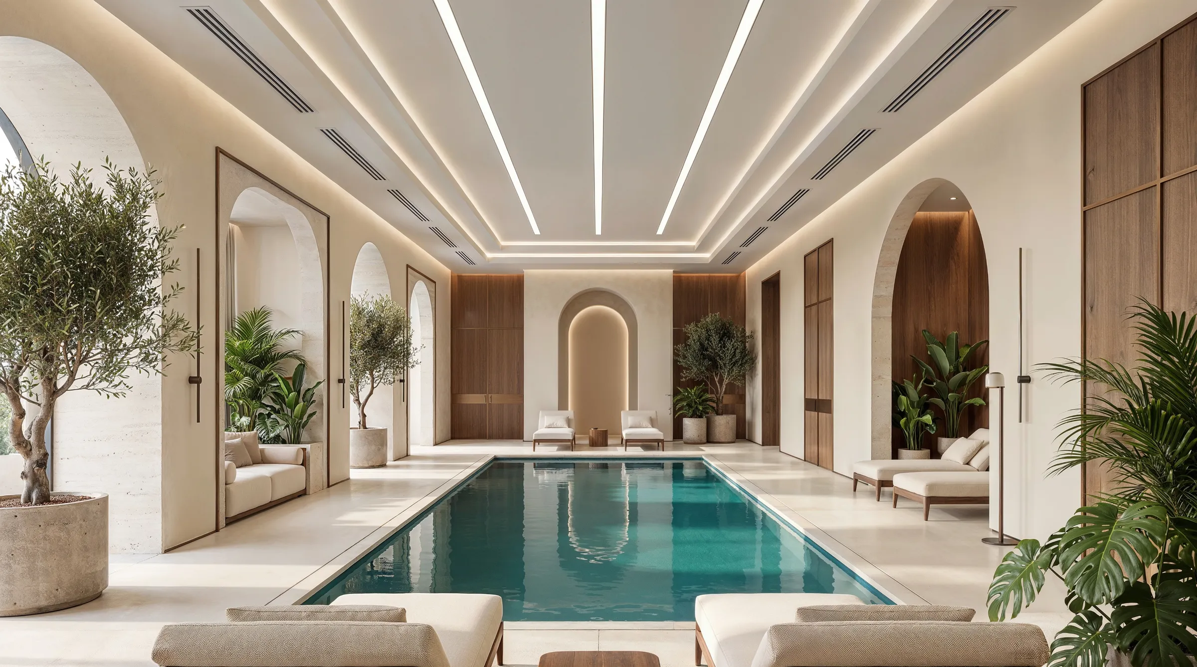 The indoor pool from the end of the hall, arches and planting either side of the water