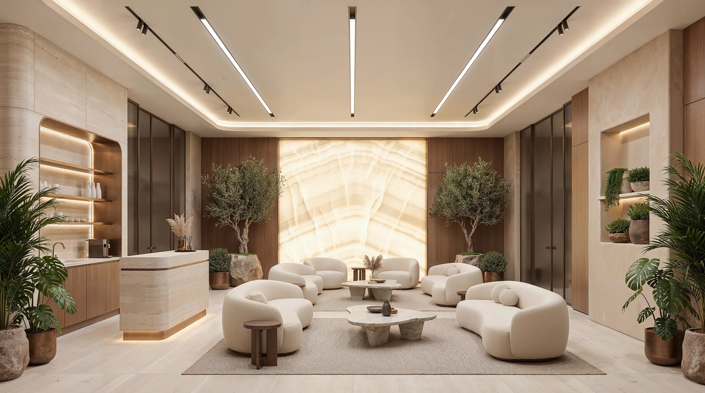 Spa reception seen head-on, backlit onyx behind the desk and olive trees in stone planters