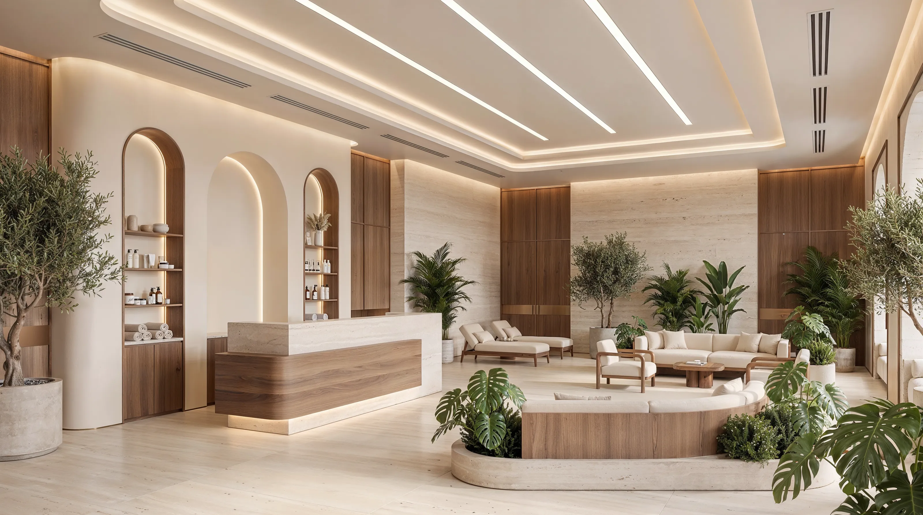 Spa reception with arched niches, a timber counter and daybeds set among planting
