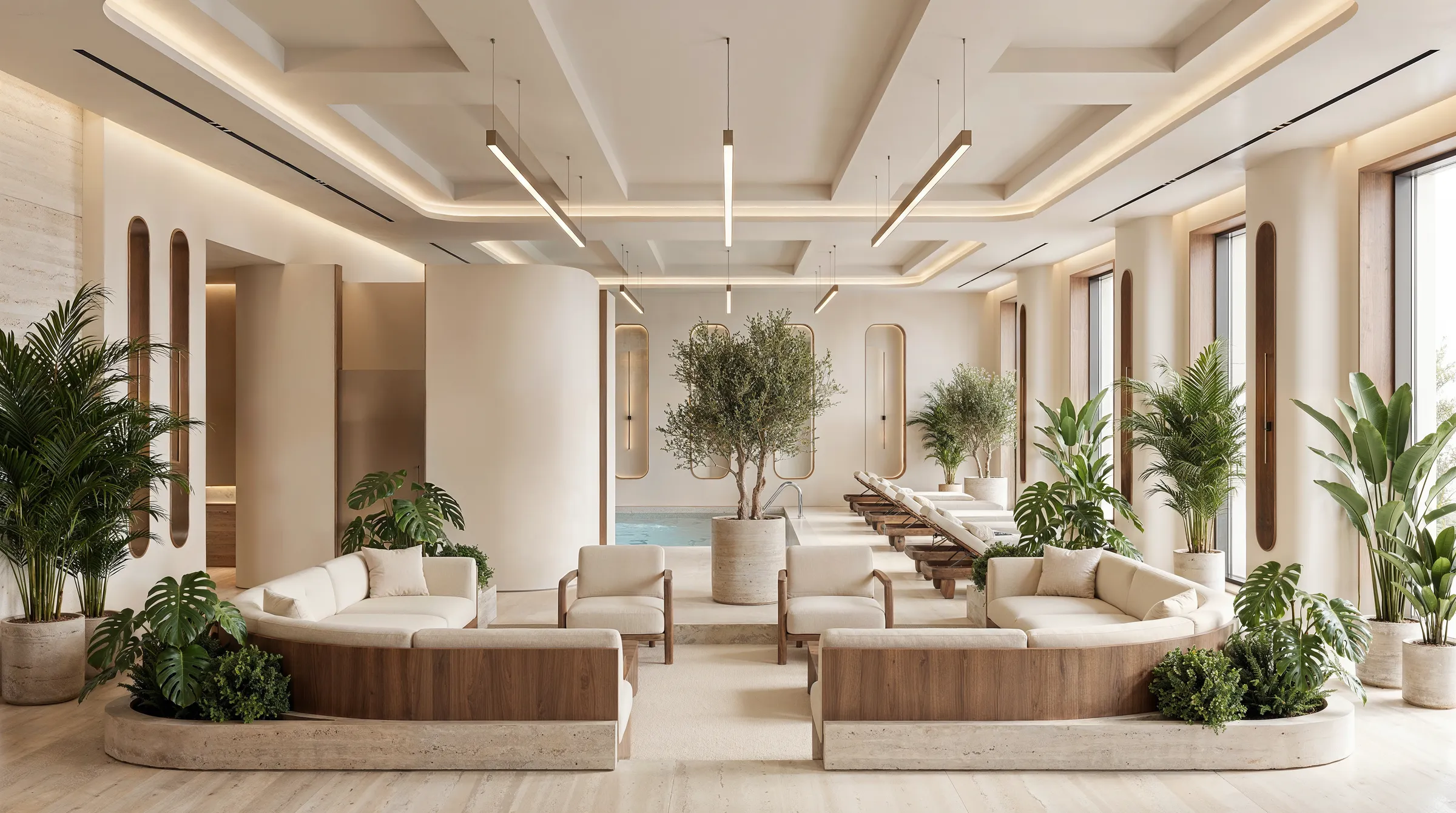Relaxation room with loungers set around planted stone beds beneath a coffered ceiling